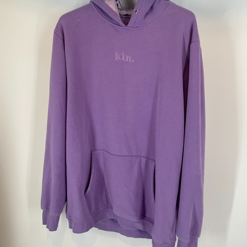 KIN Apparel Thick Satin Lined Kangaroo Pocket Logo Pullover Hoodie Purple 2XL